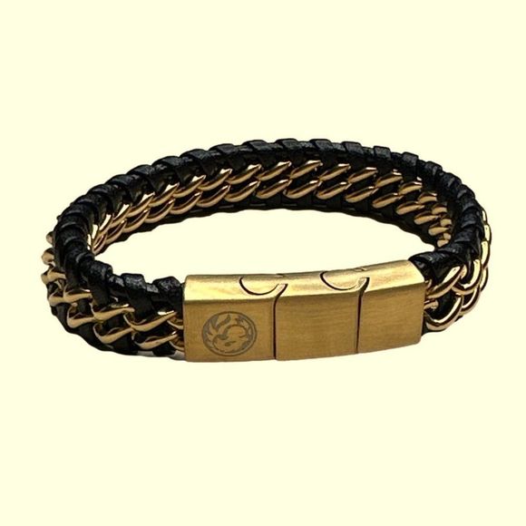 Mens Cowhide Leather Bracelet Magnetic Clasp Black Gold New - Picture 2 of 3